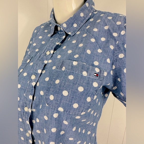 Tommy Hilfiger Sz M Blue & White Polka Dots Casual Button Up Shirt Short Sleeve - Picture 9 of 10